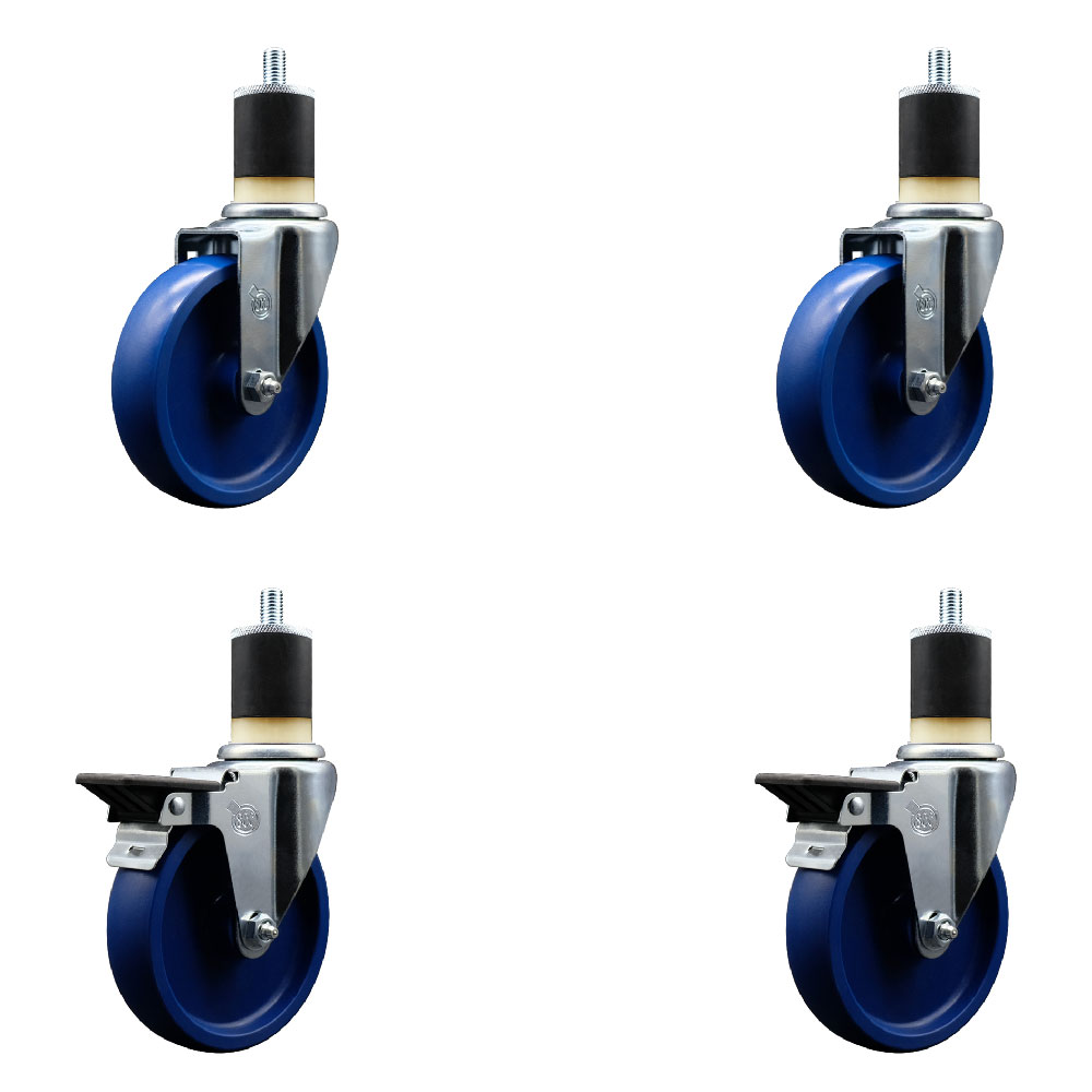 Solid Polyurethane Swivel Expanding Stem Caster Set of 4 with 5 Inch Blue Wheels and 1-7/8" Stems - Includes 2 with Posi Locking Brakes - 1200 lbs Total Capacity - Service Caster Brand — photo 1