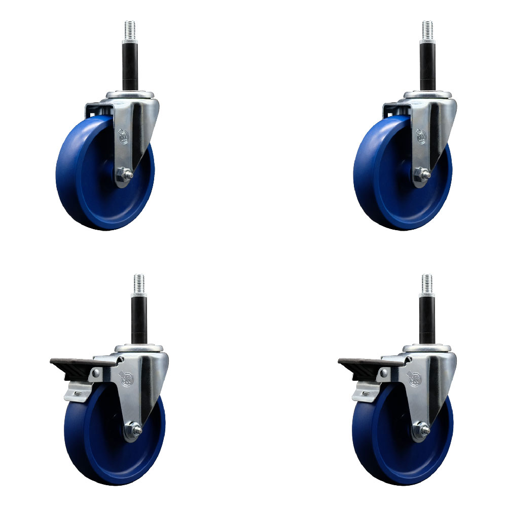 Solid Polyurethane Swivel Expanding Stem Caster Set of 4 with 5 Inch Blue Wheels and 3/4" Stems - Includes 2 with Posi Locking Brakes - 1200 lbs Total Capacity - Service Caster Brand — photo 1