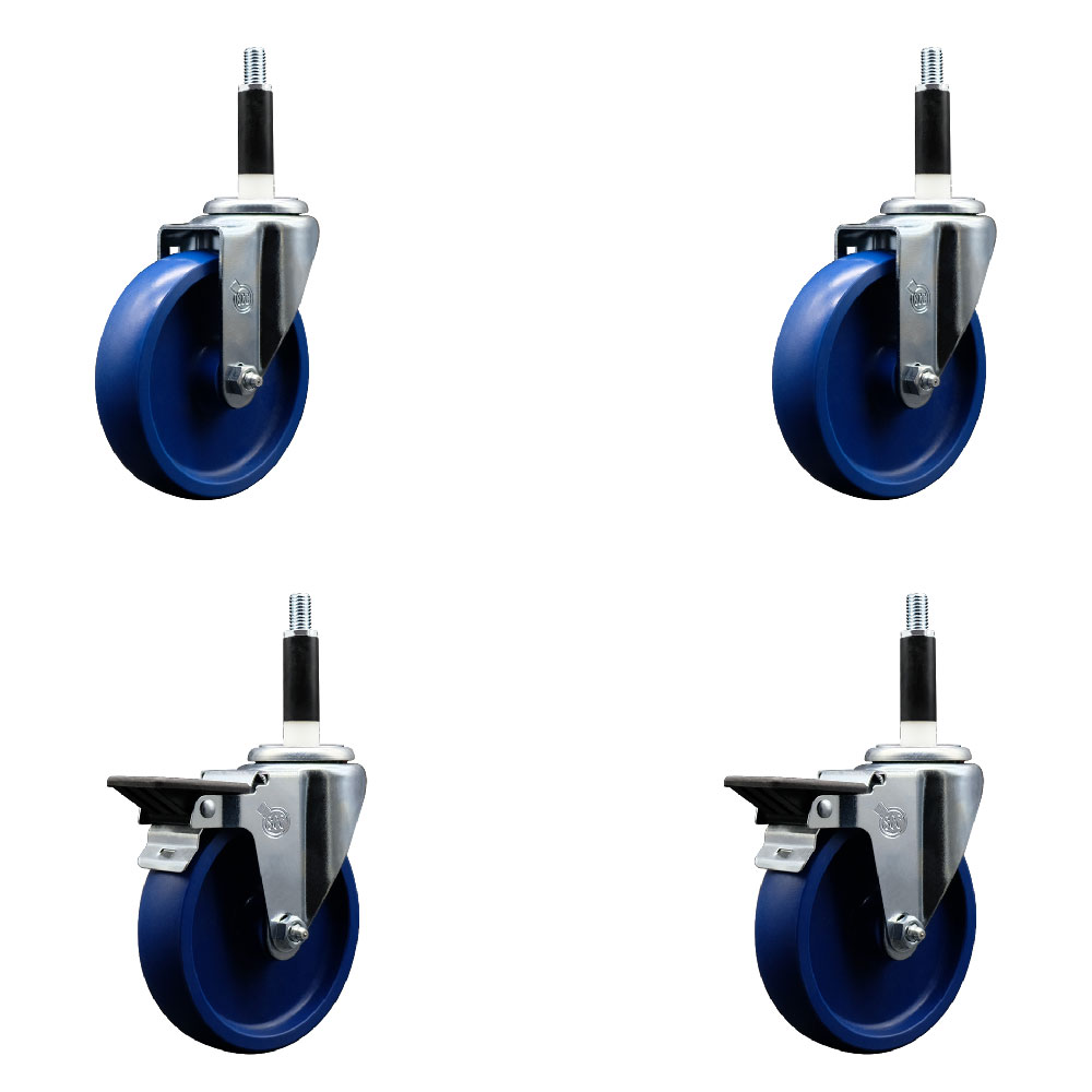 Solid Polyurethane Swivel Expanding Stem Caster Set of 4 with 5 Inch Blue Wheels and 7/8" Stems - Includes 2 with Posi Locking Brakes - 1200 lbs Total Capacity - Service Caster Brand — photo 1