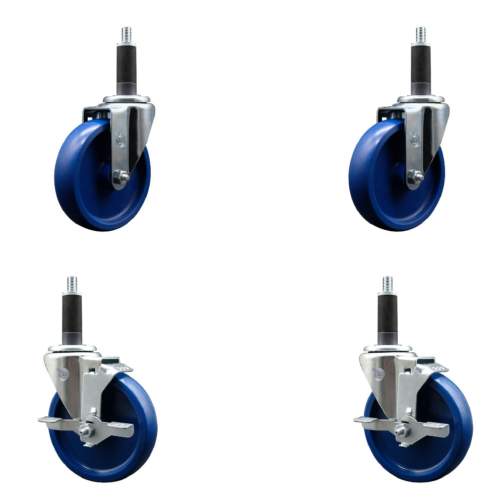 Stainless Steel Solid Polyurethane Swivel Expanding Stem Caster Set of 4 with 5 Inch Blue Wheels and 1" Stems - Includes 2 with Top Locking Brakes - 1200 lbs Total Capacity - Service Caster Brand — photo 1