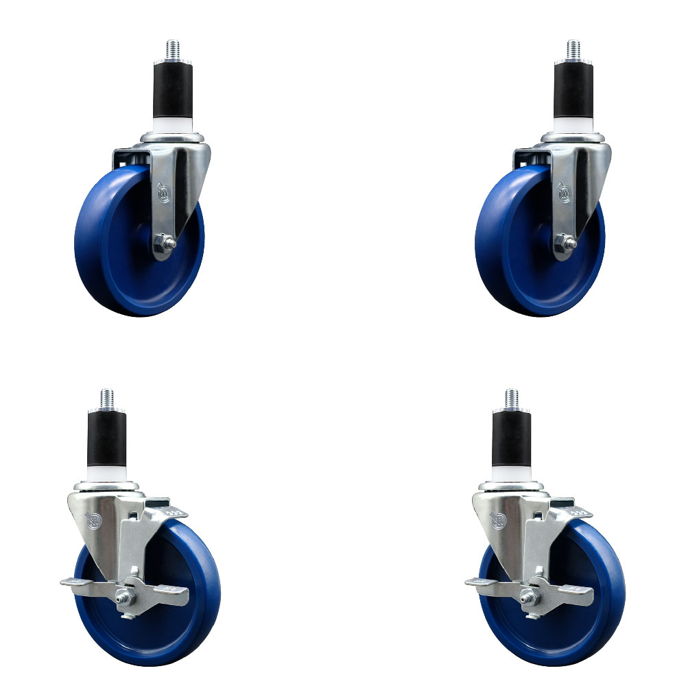 Stainless Steel Solid Polyurethane Swivel Expanding Stem Caster Set of 4 with 5 Inch Blue Wheels and 1-1/2" Stems - Includes 2 with Top Locking Brakes - 1200 lbs Total Capacity - Service Caster Brand — photo 1