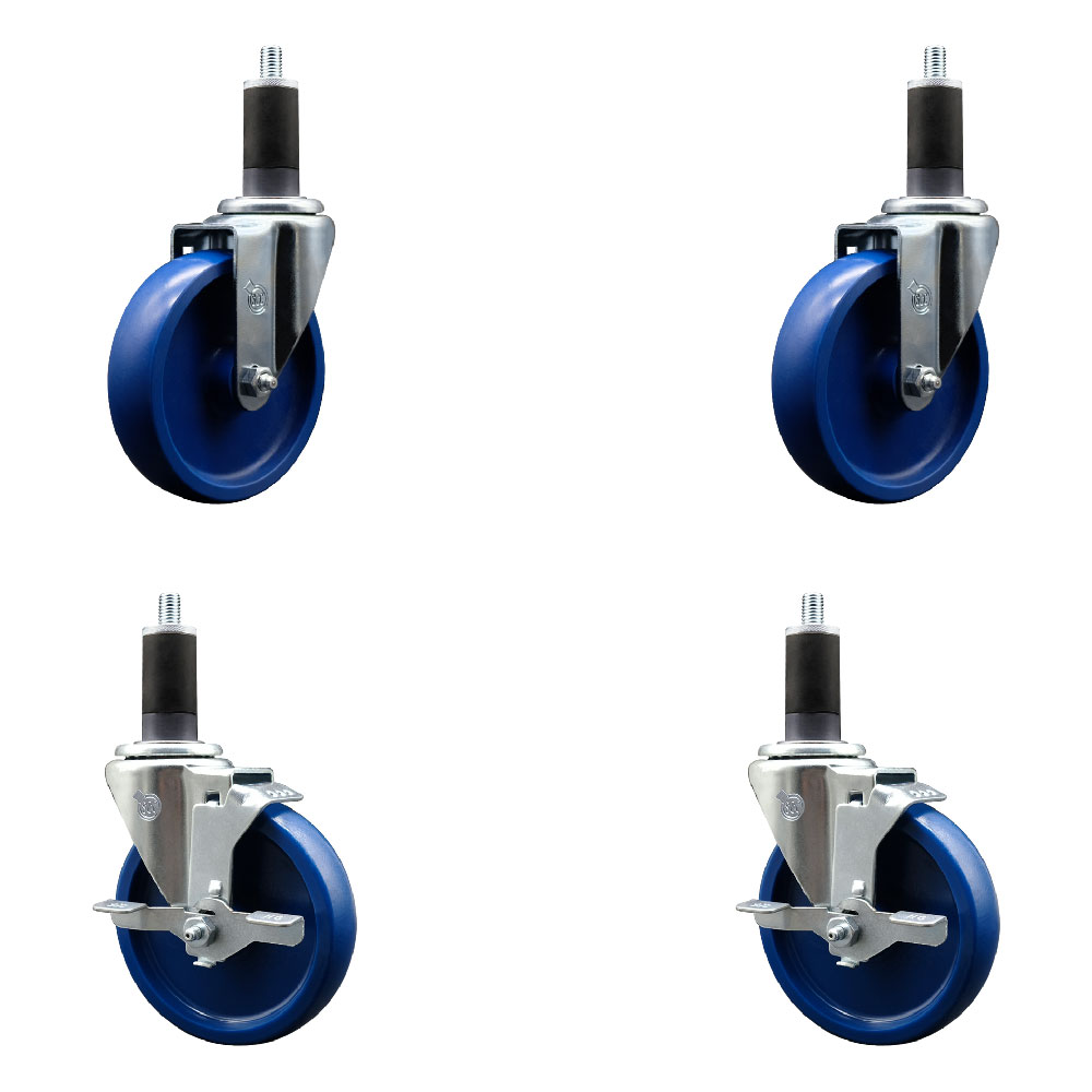 Stainless Steel Solid Polyurethane Swivel Expanding Stem Caster Set of 4 with 5 Inch Blue Wheels and 1-1/4" Stems - Includes 2 with Top Locking Brakes - 1200 lbs Total Capacity - Service Caster Brand — photo 1