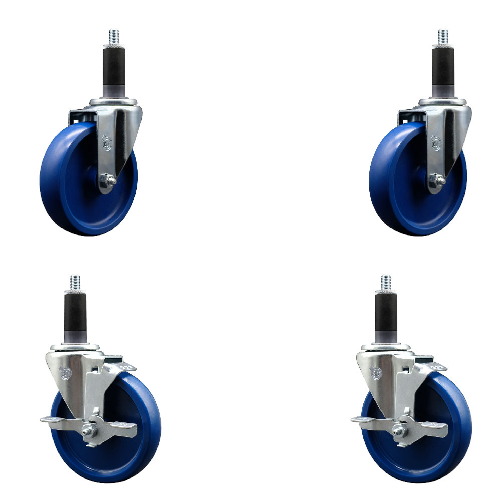 Stainless Steel Solid Polyurethane Swivel Expanding Stem Caster Set of 4 with 5 Inch Blue Wheels and 1-1/8" Stems - Includes 2 with Top Locking Brakes - 1200 lbs Total Capacity - Service Caster Brand — photo 1