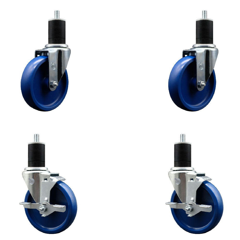Solid Polyurethane Swivel Expanding Stem Caster Set of 4 with 5 Inch Blue Wheels and 1-3/4" Stems - Includes 2 with Top Locking Brakes - 1200 lbs Total Capacity - Service Caster Brand — photo 1