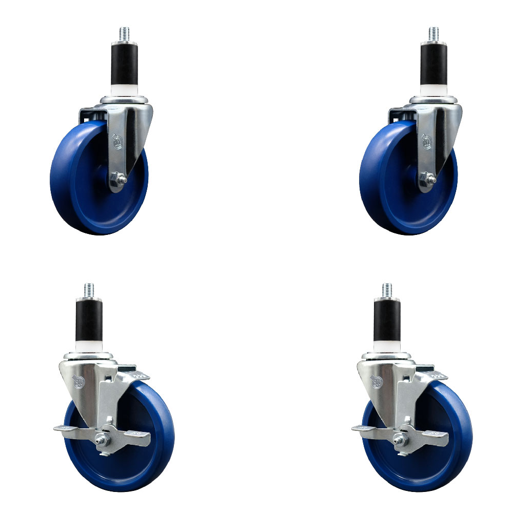 Stainless Steel Solid Polyurethane Swivel Expanding Stem Caster Set of 4 with 5 Inch Blue Wheels and 1-3/8" Stems - Includes 2 with Top Locking Brakes - 1200 lbs Total Capacity - Service Caster Brand — photo 1