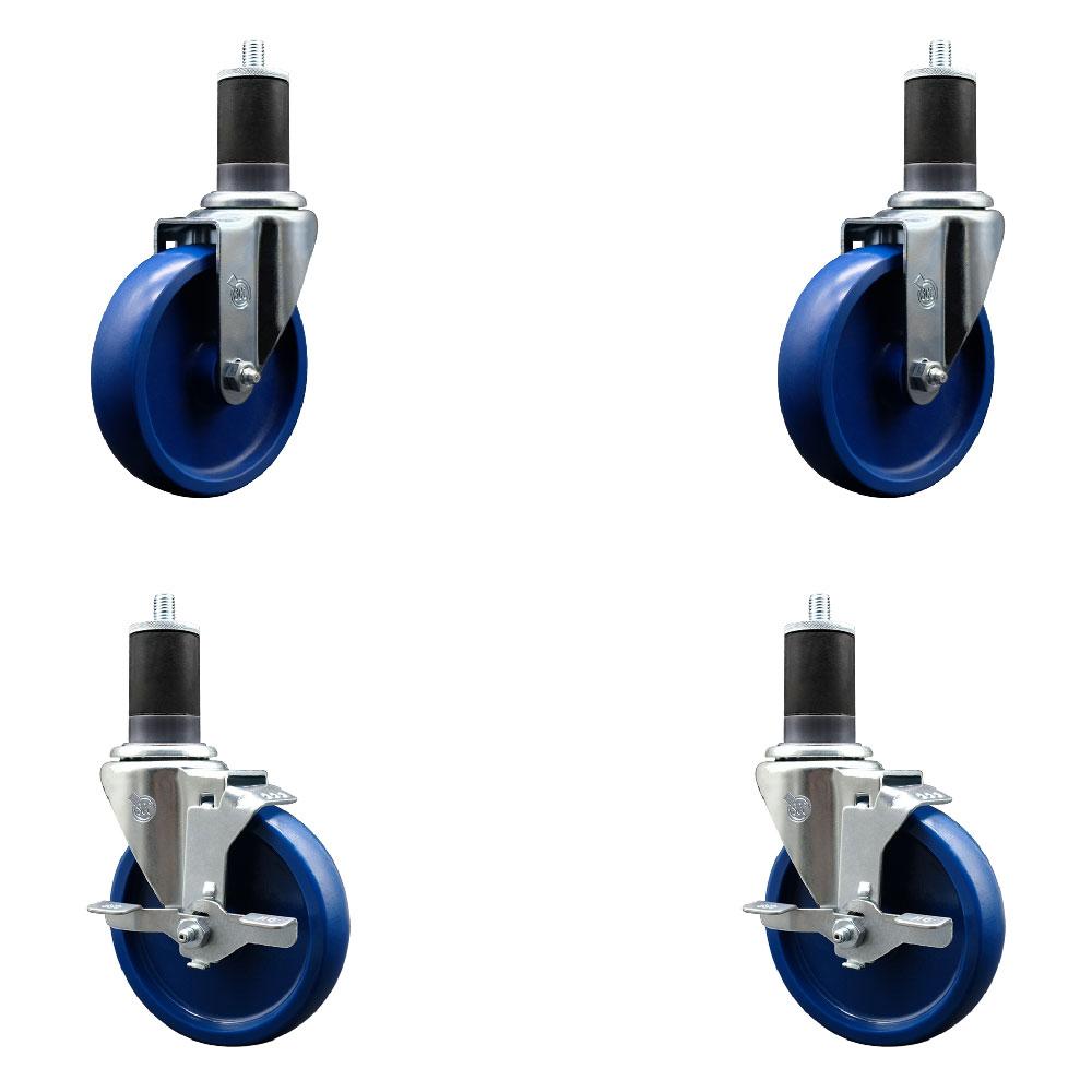 Stainless Steel Solid Polyurethane Swivel Expanding Stem Caster Set of 4 with 5 Inch Blue Wheels and 1-5/8" Stems - Includes 2 with Top Locking Brakes - 1200 lbs Total Capacity - Service Caster Brand — photo 1