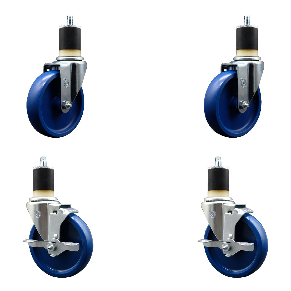 Stainless Steel Solid Polyurethane Swivel Expanding Stem Caster Set of 4 with 5 Inch Blue Wheels and 1-7/8" Stems - Includes 2 with Top Locking Brakes - 1200 lbs Total Capacity - Service Caster Brand — photo 1