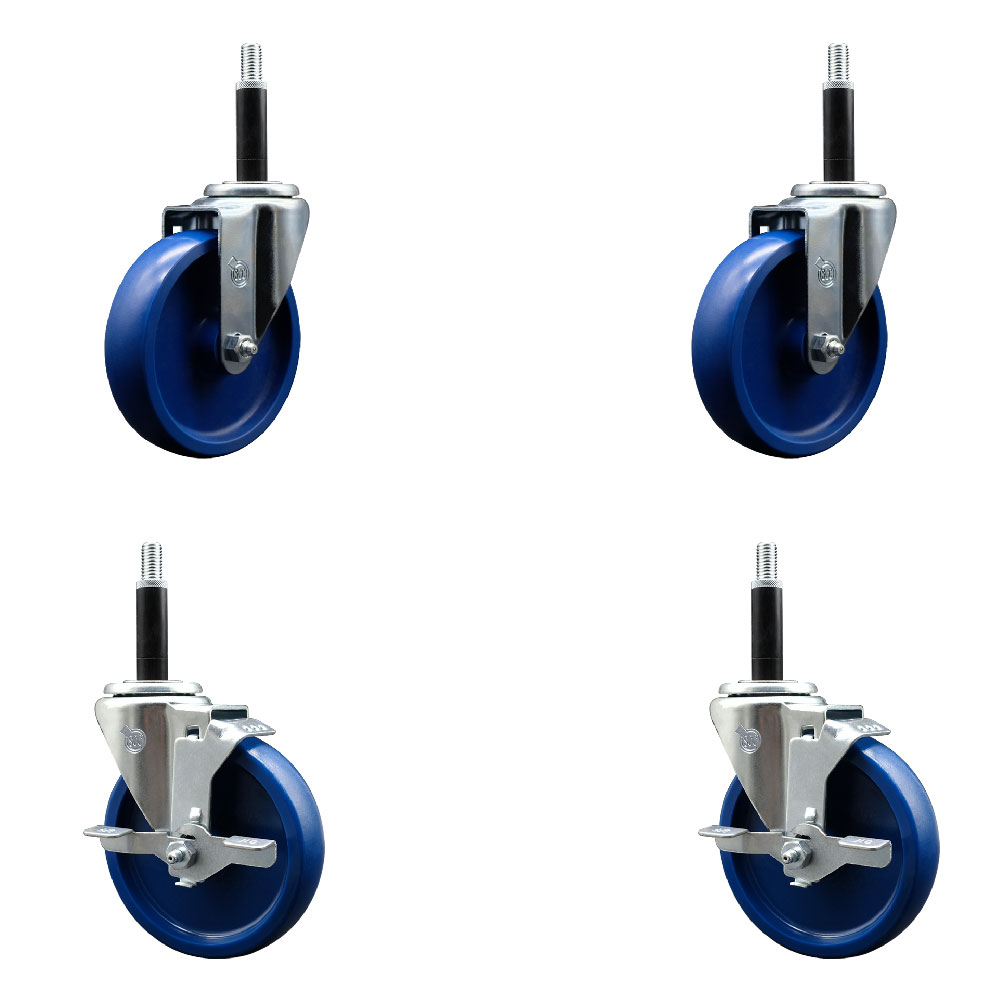 Solid Polyurethane Swivel Expanding Stem Caster Set of 4 with 5 Inch Blue Wheels and 3/4" Stems - Includes 2 with Top Locking Brakes - 1200 lbs Total Capacity - Service Caster Brand — photo 1