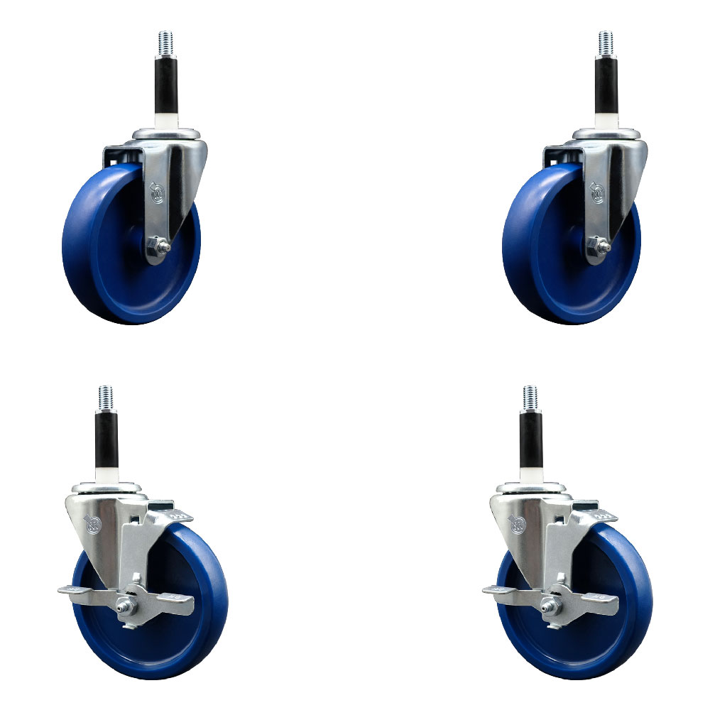 Solid Polyurethane Swivel Expanding Stem Caster Set of 4 with 5 Inch Blue Wheels and 7/8" Stems - Includes 2 with Top Locking Brakes - 1200 lbs Total Capacity - Service Caster Brand — photo 1