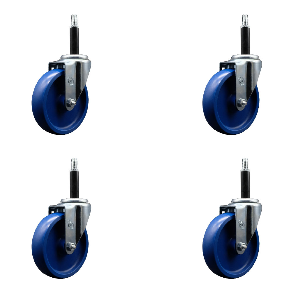 Solid Polyurethane Swivel Expanding Stem Caster Set of 4 with 5 Inch Blue Wheels and 3/4" Stems - 300 lbs. Capacity Per Caster - Service Caster Brand — photo 1