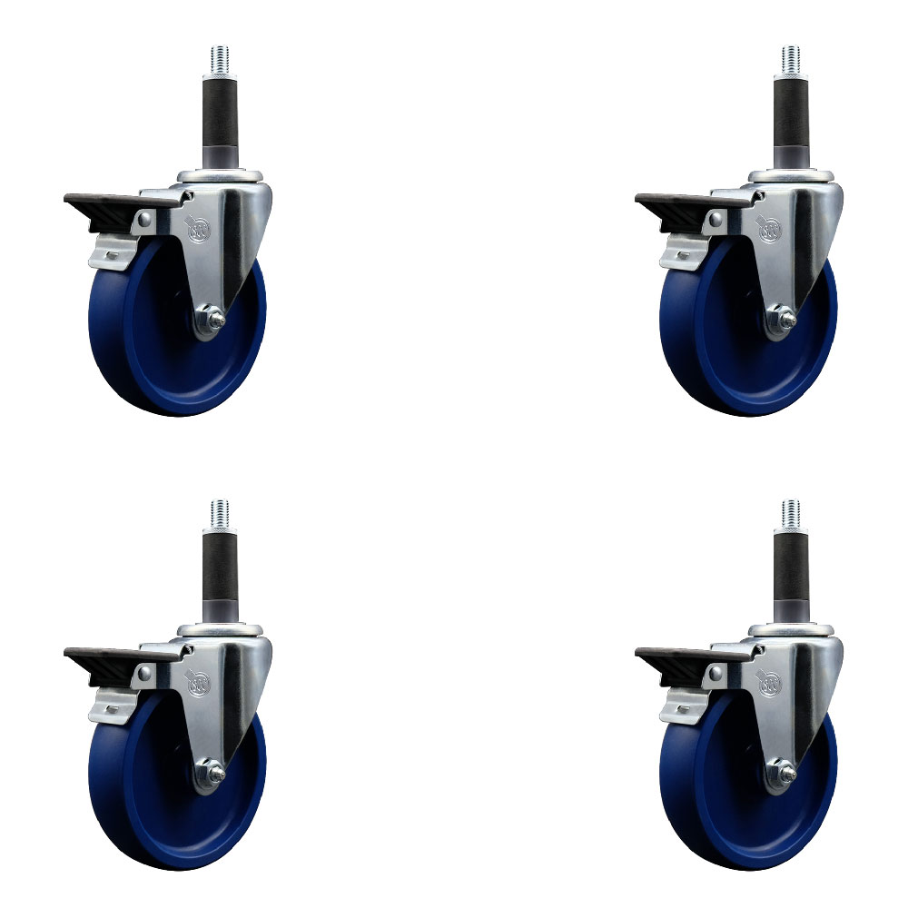 Solid Polyurethane Swivel Expanding Stem Caster Set of 4 with 5 Inch Blue Wheels and 1" Stems - Includes 4 Swivel with Posi Locking Brakes - 300 lbs. Capacity Per Caster - Service Caster Brand — photo 1