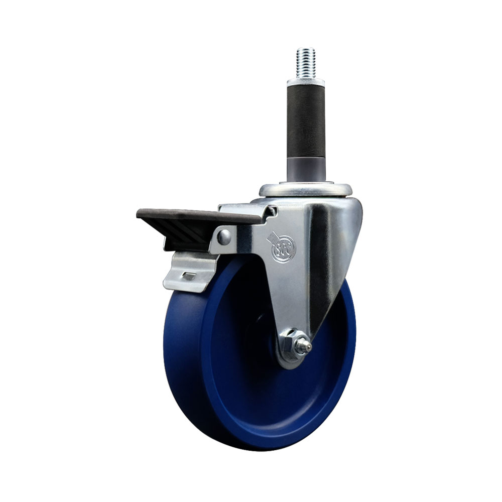 Solid Polyurethane Expanding Stem Swivel Caster with 5 Inch Blue Wheel and 1" Stem & Posi Locking Brake - 300 lbs. Capacity Per Caster - Service Caster Brand — photo 1