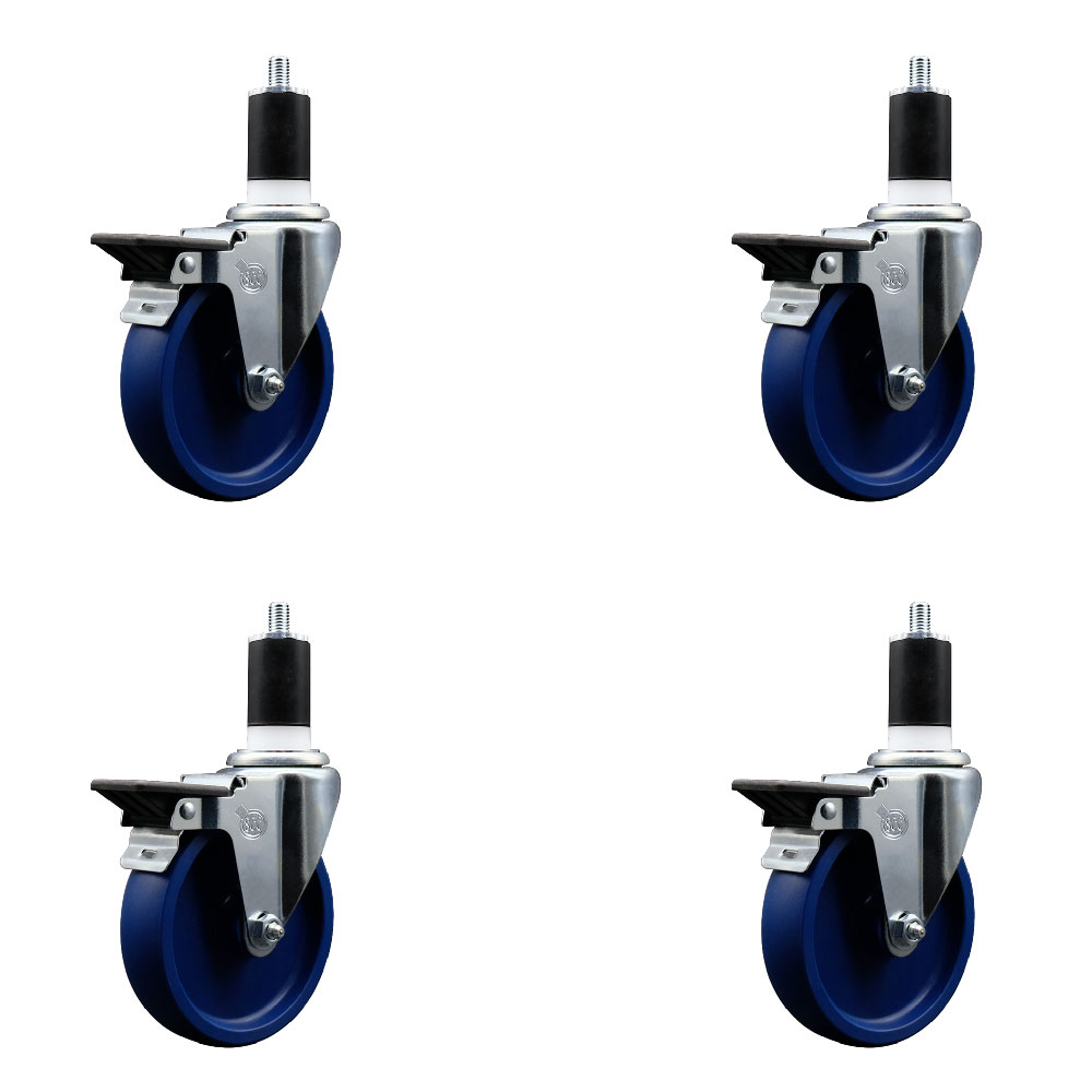 Solid Polyurethane Swivel Expanding Stem Caster Set of 4 with 5 Inch Blue Wheels and 1-1/2" Stems - Includes 4 Swivel with Posi Locking Brakes - 300 lbs. Capacity Per Caster - Service Caster Brand — photo 1