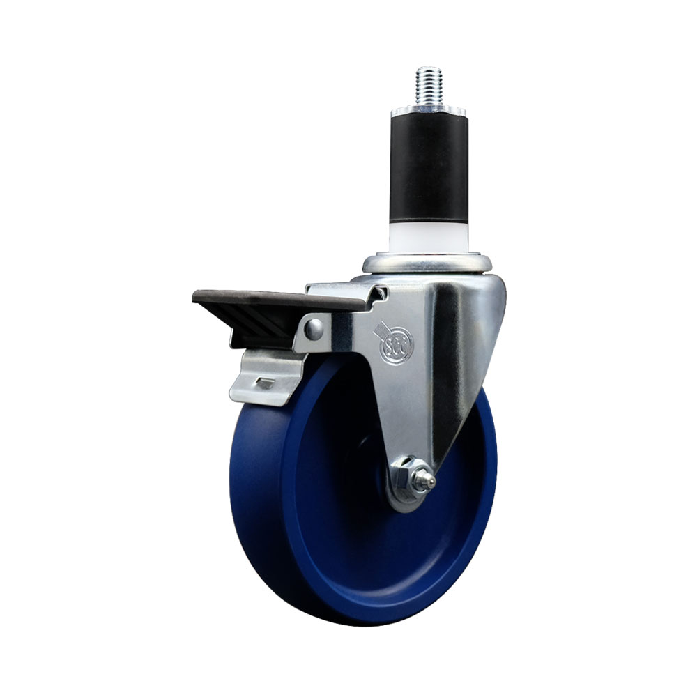 Solid Polyurethane Expanding Stem Swivel Caster with 5 Inch Blue Wheel and 1-1/2" Stem & Posi Locking Brake - 300 lbs. Capacity Per Caster - Service Caster Brand — photo 1