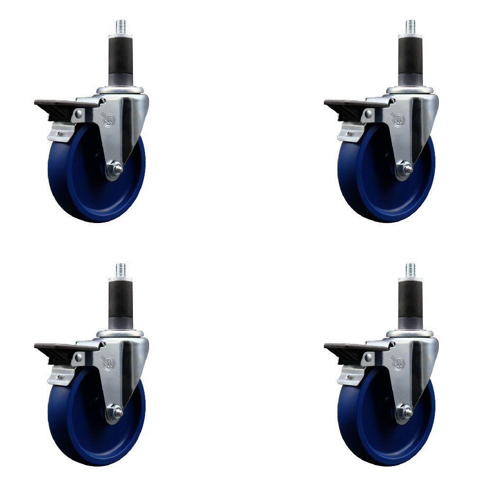 Solid Polyurethane Swivel Expanding Stem Caster Set of 4 with 5 Inch Blue Wheels and 1-1/4" Stems - Includes 4 Swivel with Posi Locking Brakes - 300 lbs. Capacity Per Caster - Service Caster Brand — photo 1