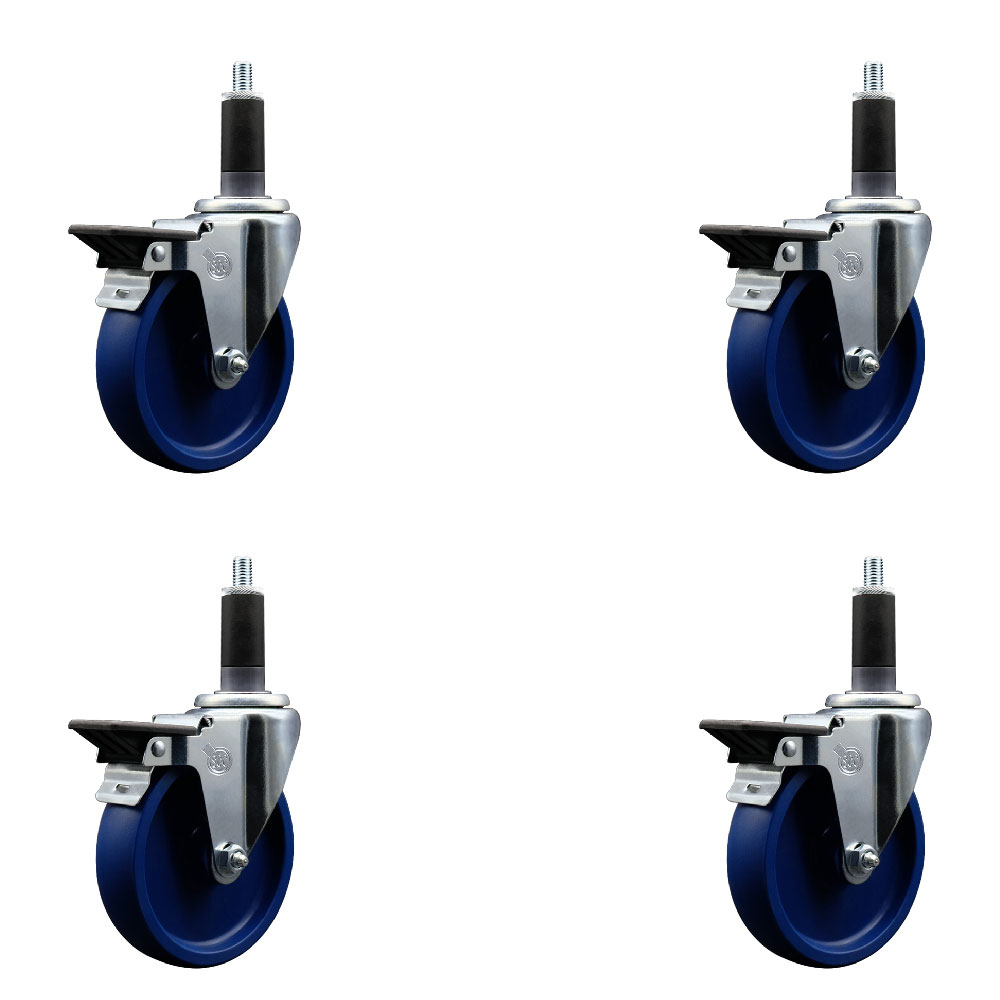 Solid Polyurethane Swivel Expanding Stem Caster Set of 4 with 5 Inch Blue Wheels and 1-1/8" Stems - Includes 4 Swivel with Posi Locking Brakes - 300 lbs. Capacity Per Caster - Service Caster Brand — photo 1