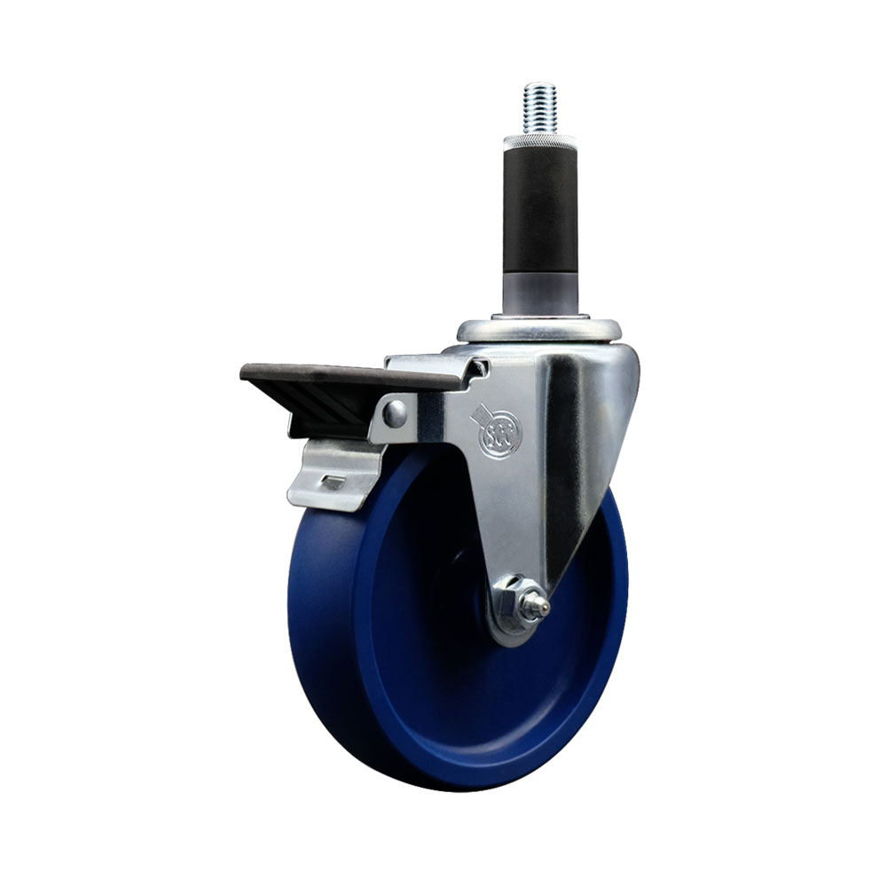 Solid Polyurethane Expanding Stem Swivel Caster with 5 Inch Blue Wheel and 1-1/8" Stem & Posi Locking Brake - 300 lbs. Capacity Per Caster - Service Caster Brand — photo 1
