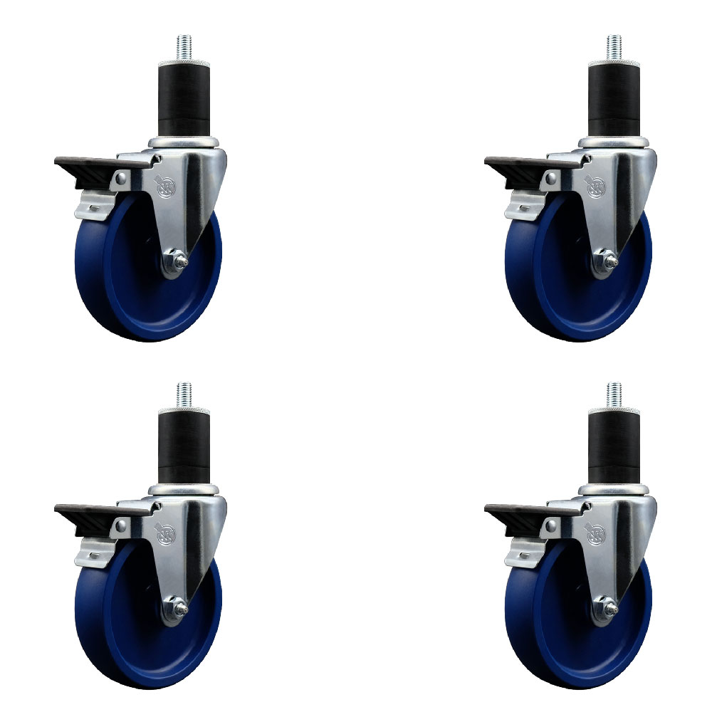 Solid Polyurethane Swivel Expanding Stem Caster Set of 4 with 5 Inch Blue Wheels and 1-3/4" Stems - Includes 4 Swivel with Posi Locking Brakes - 300 lbs. Capacity Per Caster - Service Caster Brand — photo 1