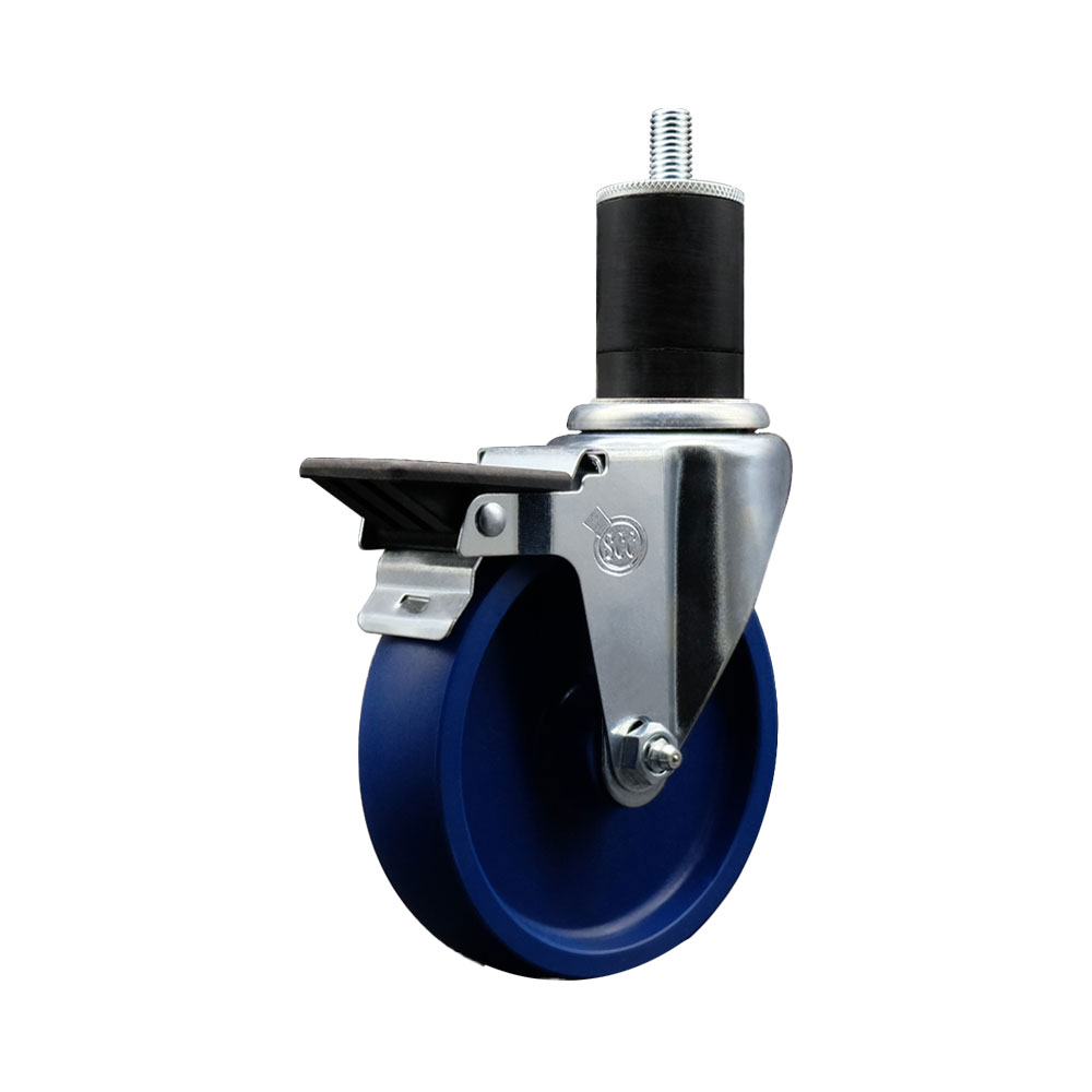 Solid Polyurethane Expanding Stem Swivel Caster with 5 Inch Blue Wheel and 1-3/4" Stem & Posi Locking Brake - 300 lbs. Capacity Per Caster - Service Caster Brand — photo 1
