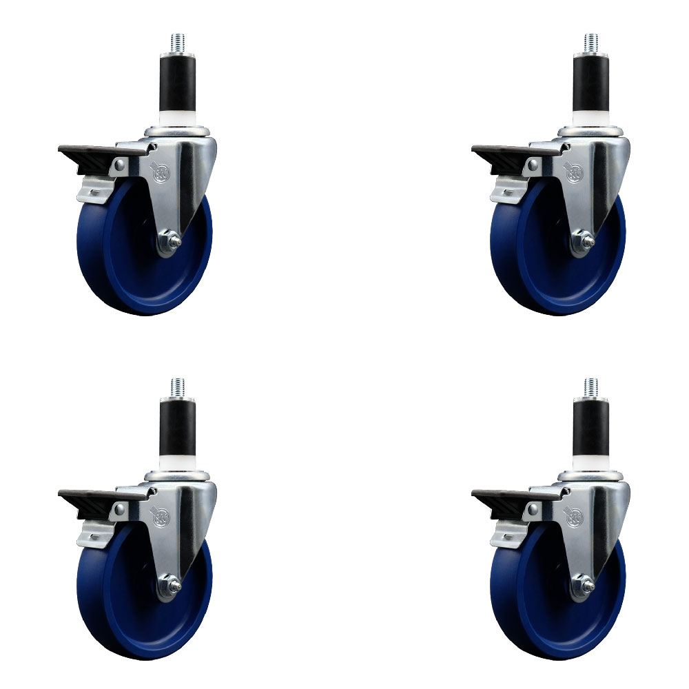 Solid Polyurethane Swivel Expanding Stem Caster Set of 4 with 5 Inch Blue Wheels and 1-3/8" Stems - Includes 4 Swivel with Posi Locking Brakes - 300 lbs. Capacity Per Caster - Service Caster Brand — photo 1