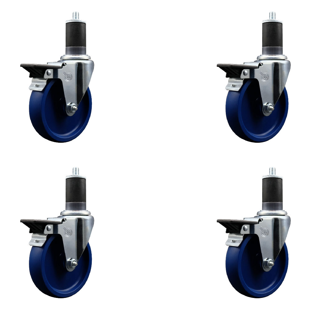 Solid Polyurethane Swivel Expanding Stem Caster Set of 4 with 5 Inch Blue Wheels and 1-5/8" Stems - Includes 4 Swivel with Posi Locking Brakes - 300 lbs. Capacity Per Caster - Service Caster Brand — photo 1