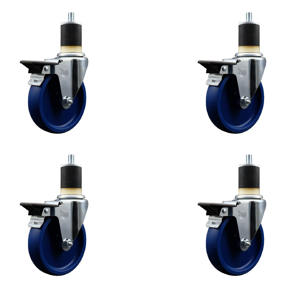 Solid Polyurethane Swivel Expanding Stem Caster Set of 4 with 5 Inch Blue Wheels and 1-7/8" Stems - Includes 4 Swivel with Posi Locking Brakes - 300 lbs. Capacity Per Caster - Service Caster Brand — photo 1