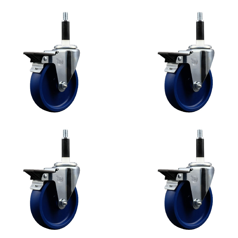 Solid Polyurethane Swivel Expanding Stem Caster Set of 4 with 5 Inch Blue Wheels and 7/8" Stems - Includes 4 Swivel with Posi Locking Brakes - 300 lbs. Capacity Per Caster - Service Caster Brand — photo 1