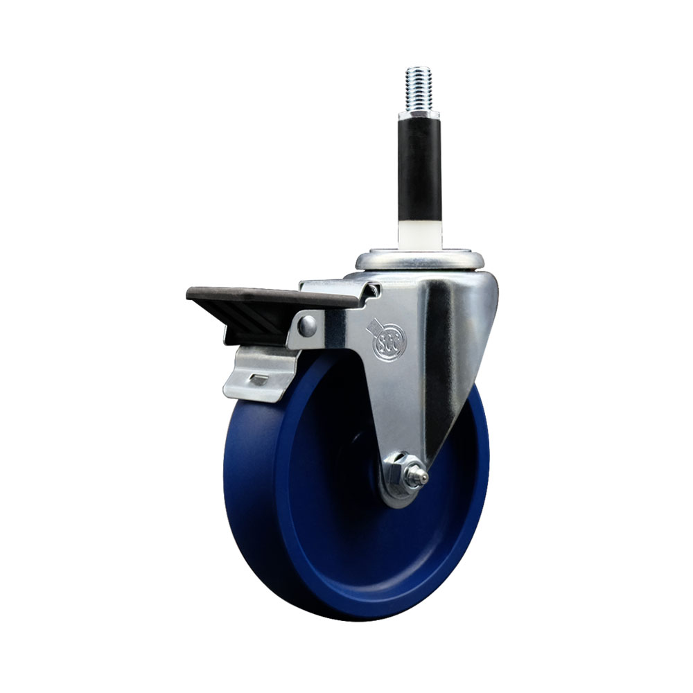 Solid Polyurethane Expanding Stem Swivel Caster with 5 Inch Blue Wheel and 7/8" Stem & Posi Locking Brake - 300 lbs. Capacity Per Caster - Service Caster Brand — photo 1