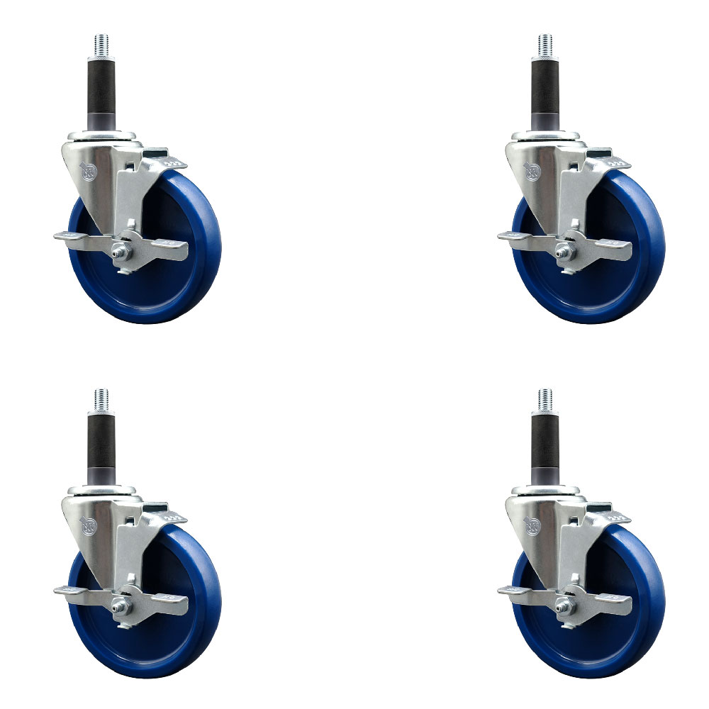 Solid Polyurethane Swivel Expanding Stem Caster Set of 4 with 5 Inch Blue Wheels and 1" Stems - Includes 4 Swivel with Top Locking Brakes - 300 lbs. Capacity Per Caster - Service Caster Brand — photo 1