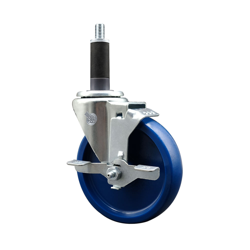 Stainless Steel Solid Polyurethane Expanding Stem Swivel Caster with 5 Inch Blue Wheel and 1" Stem & Top Locking Brake - 300 lbs. Capacity Per Caster - Service Caster Brand — photo 1