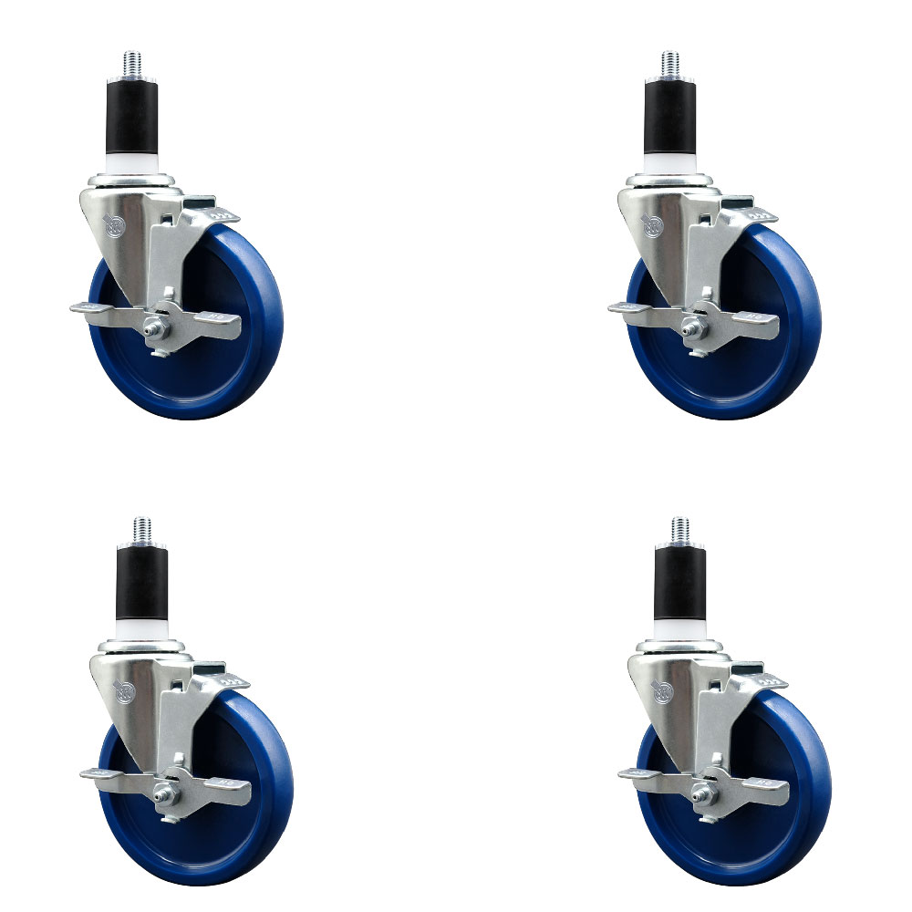 Solid Polyurethane Swivel Expanding Stem Caster Set of 4 with 5 Inch Blue Wheels and 1-1/2" Stems - Includes 4 Swivel with Top Locking Brakes - 300 lbs. Capacity Per Caster - Service Caster Brand — photo 1