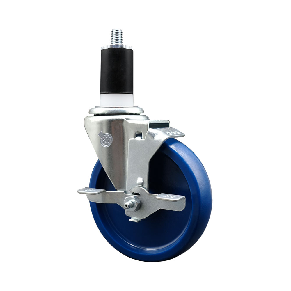 Solid Polyurethane Expanding Stem Swivel Caster with 5 Inch Blue Wheel and 1-1/2" Stem & Top Locking Brake - 300 lbs. Capacity Per Caster - Service Caster Brand — photo 1