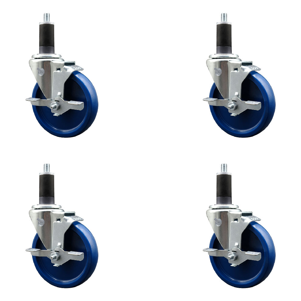 Solid Polyurethane Swivel Expanding Stem Caster Set of 4 with 5 Inch Blue Wheels and 1-1/4" Stems - Includes 4 Swivel with Top Locking Brakes - 300 lbs. Capacity Per Caster - Service Caster Brand — photo 1