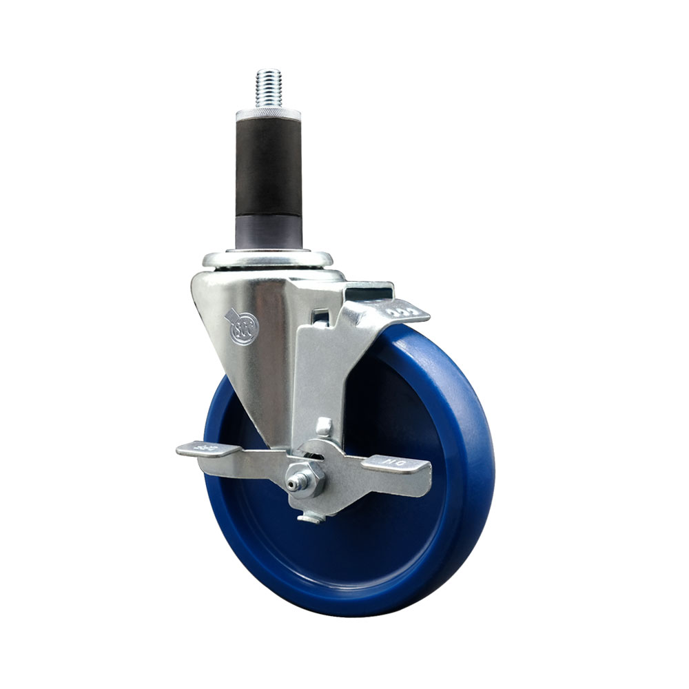 Solid Polyurethane Expanding Stem Swivel Caster with 5 Inch Blue Wheel and 1-1/4" Stem & Top Locking Brake - 300 lbs. Capacity Per Caster - Service Caster Brand — photo 1