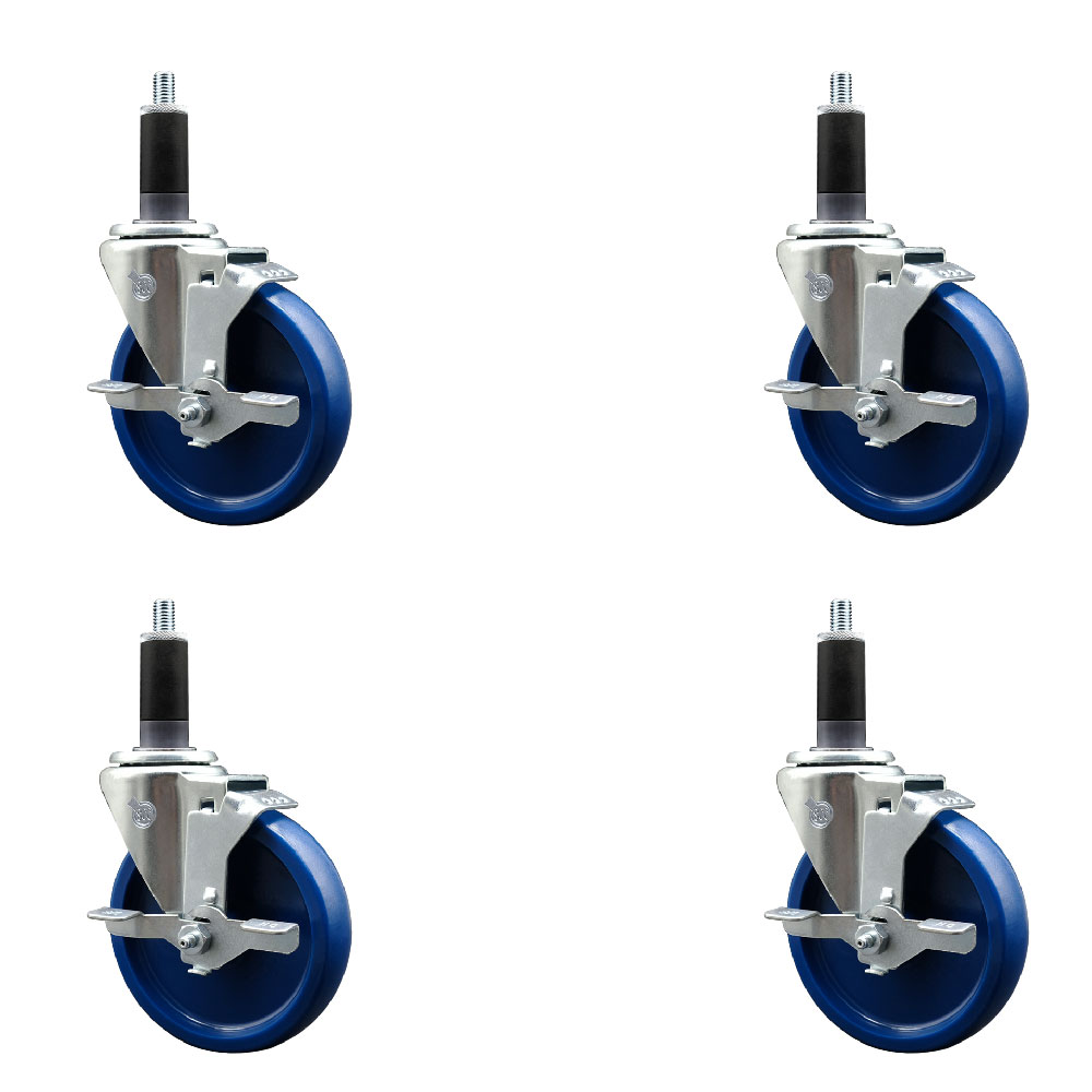 Stainless Steel Solid Polyurethane Swivel Expanding Stem Caster Set of 4 with 5 Inch Blue Wheels and 1-1/8" Stems-4 Swivel with Top Locking Brakes-300 lbs. Capacity Per Caster-Service Caster Brand — photo 1
