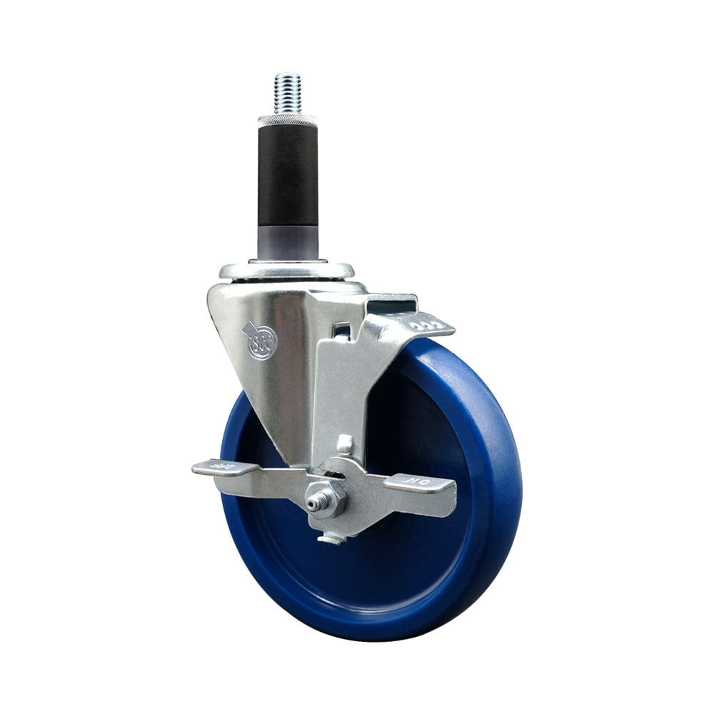 Solid Polyurethane Expanding Stem Swivel Caster with 5 Inch Blue Wheel and 1-1/8" Stem & Top Locking Brake - 300 lbs. Capacity Per Caster - Service Caster Brand — photo 1