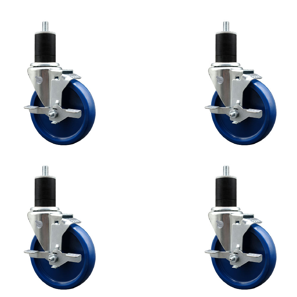 Stainless Steel Solid Polyurethane Swivel Expanding Stem Caster Set of 4 with 5 Inch Blue Wheels and 1-3/4" Stems-4 Swivel with Top Locking Brakes-300 lbs. Capacity Per Caster-Service Caster Brand — photo 1