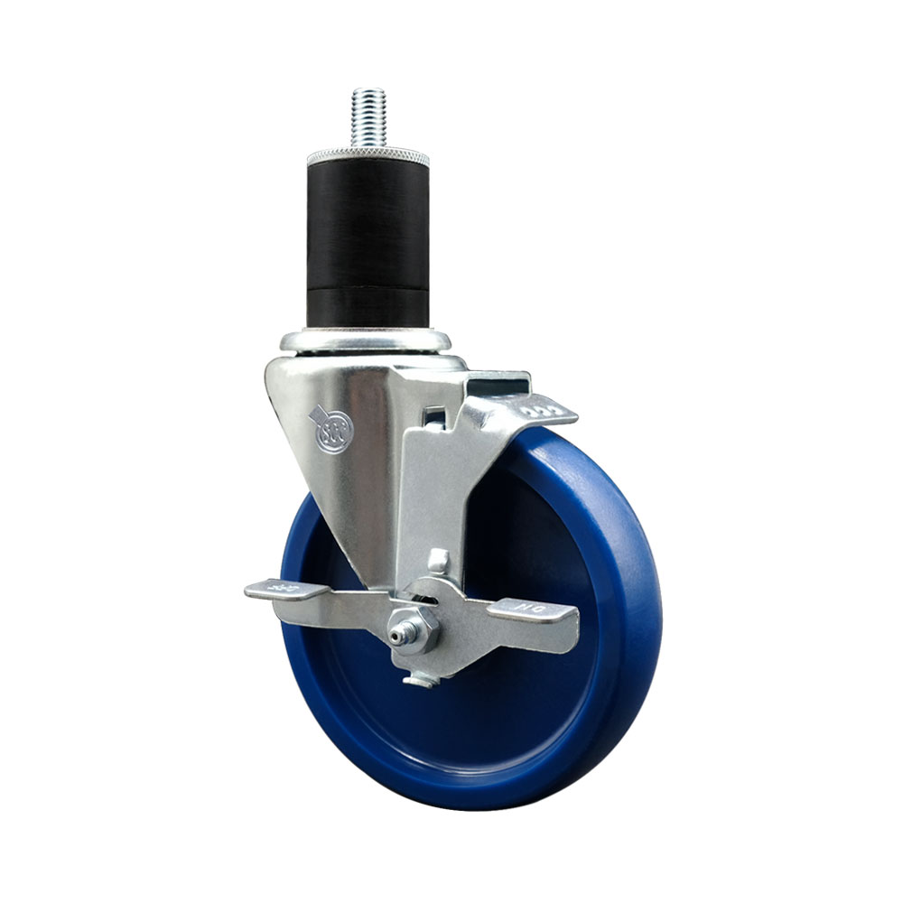 Solid Polyurethane Expanding Stem Swivel Caster with 5 Inch Blue Wheel and 1-3/4" Stem & Top Locking Brake - 300 lbs. Capacity Per Caster - Service Caster Brand — photo 1