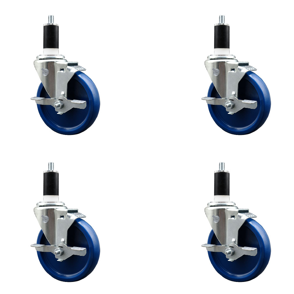 Stainless Steel Solid Polyurethane Swivel Expanding Stem Caster Set of 4 with 5 Inch Blue Wheels and 1-3/8" Stems-4 Swivel with Top Locking Brakes-300 lbs. Capacity Per Caster-Service Caster Brand — photo 1