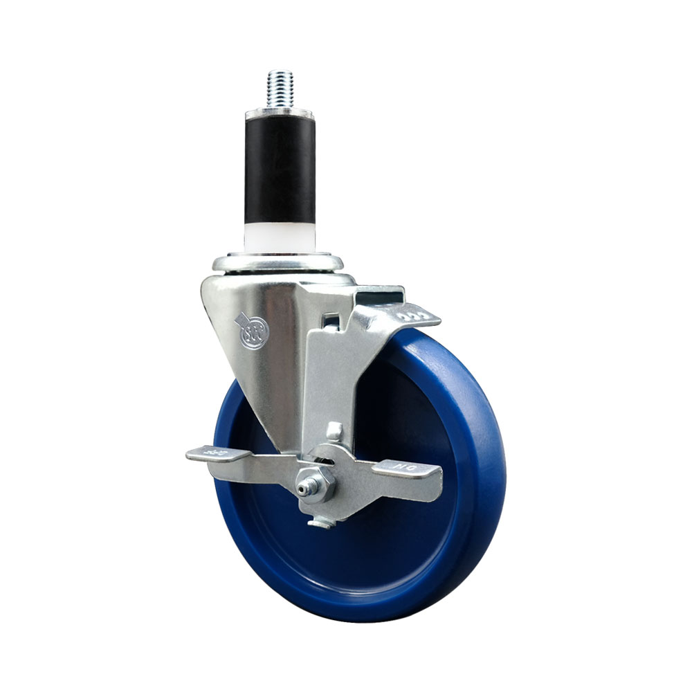 Stainless Steel Solid Polyurethane Expanding Stem Swivel Caster with 5 Inch Blue Wheel and 1-3/8" Stem & Top Locking Brake - 300 lbs. Capacity Per Caster - Service Caster Brand — photo 1