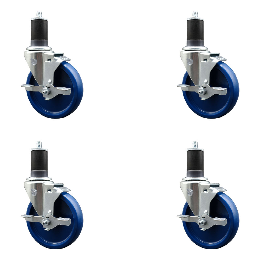 Stainless Steel Solid Polyurethane Swivel Expanding Stem Caster Set of 4 with 5 Inch Blue Wheels and 1-5/8" Stems-4 Swivel with Top Locking Brakes-300 lbs. Capacity Per Caster-Service Caster Brand — photo 1