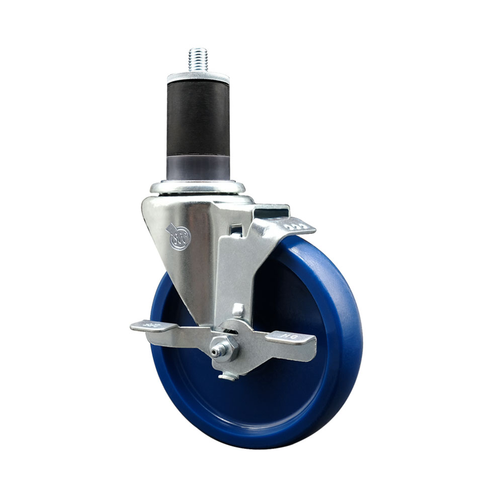 Solid Polyurethane Expanding Stem Swivel Caster with 5 Inch Blue Wheel and 1-5/8" Stem & Top Locking Brake - 300 lbs. Capacity Per Caster - Service Caster Brand — photo 1