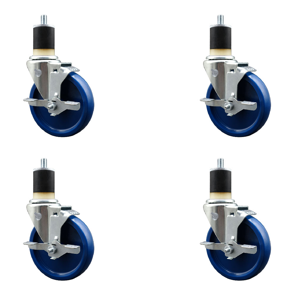 Stainless Steel Solid Polyurethane Swivel Expanding Stem Caster Set of 4 with 5 Inch Blue Wheels and 1-7/8" Stems-4 Swivel with Top Locking Brakes-300 lbs. Capacity Per Caster-Service Caster Brand — photo 1