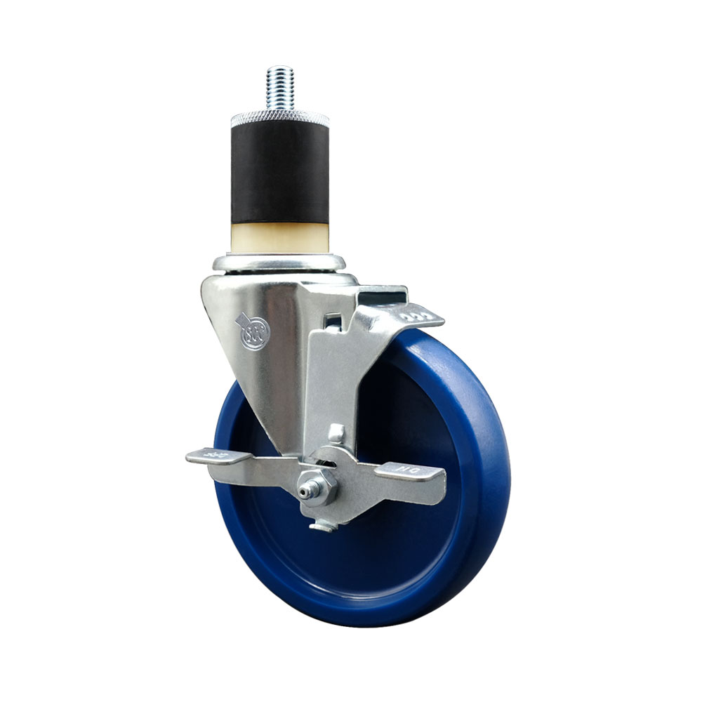 Solid Polyurethane Expanding Stem Swivel Caster with 5 Inch Blue Wheel and 1-7/8" Stem & Top Locking Brake - 300 lbs. Capacity Per Caster - Service Caster Brand — photo 1