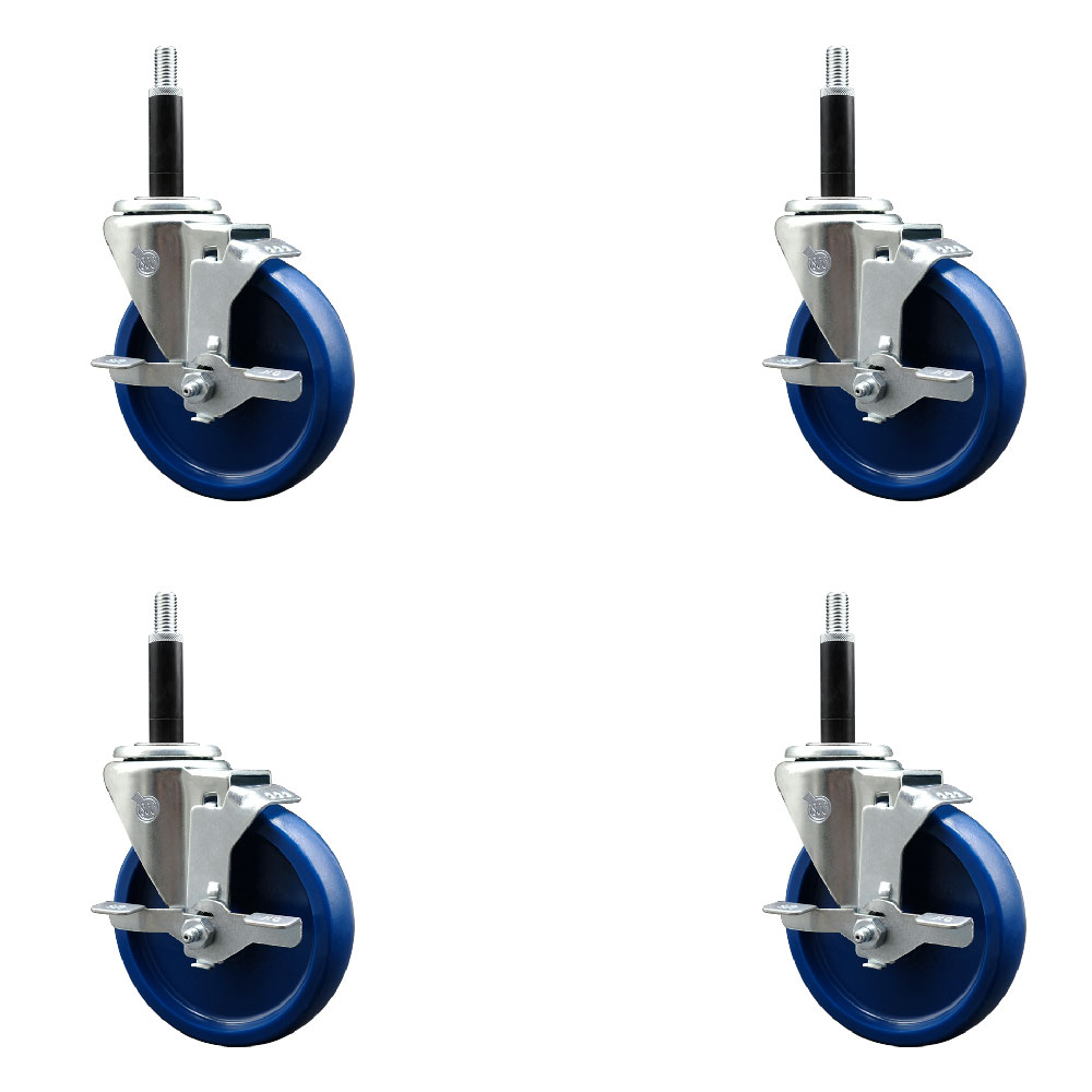 Solid Polyurethane Swivel Expanding Stem Caster Set of 4 with 5 Inch Blue Wheels and 3/4" Stems - Includes 4 Swivel with Top Locking Brakes - 300 lbs. Capacity Per Caster - Service Caster Brand — photo 1