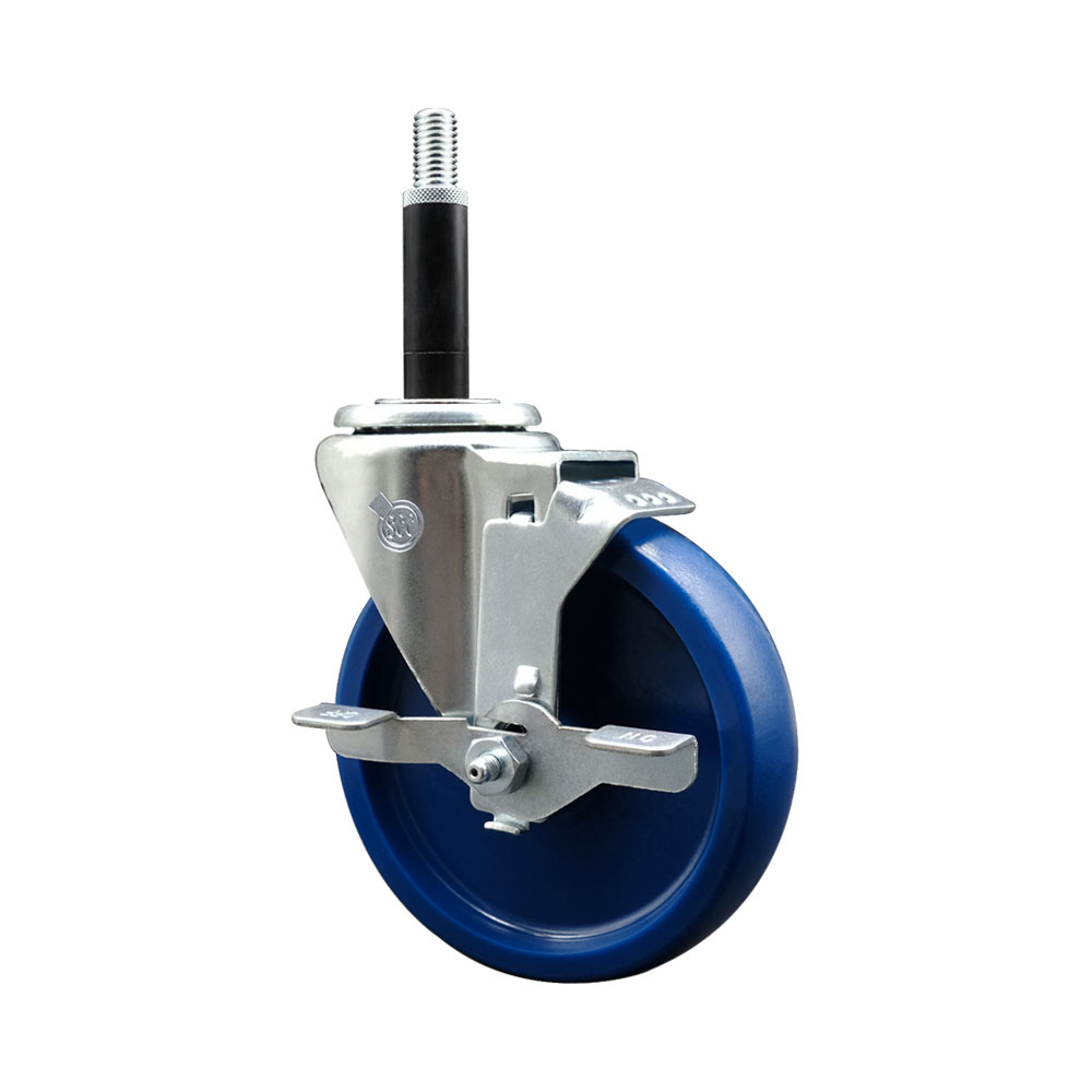 Solid Polyurethane Expanding Stem Swivel Caster with 5 Inch Blue Wheel and 3/4" Stem & Top Locking Brake - 300 lbs. Capacity Per Caster - Service Caster Brand — photo 1