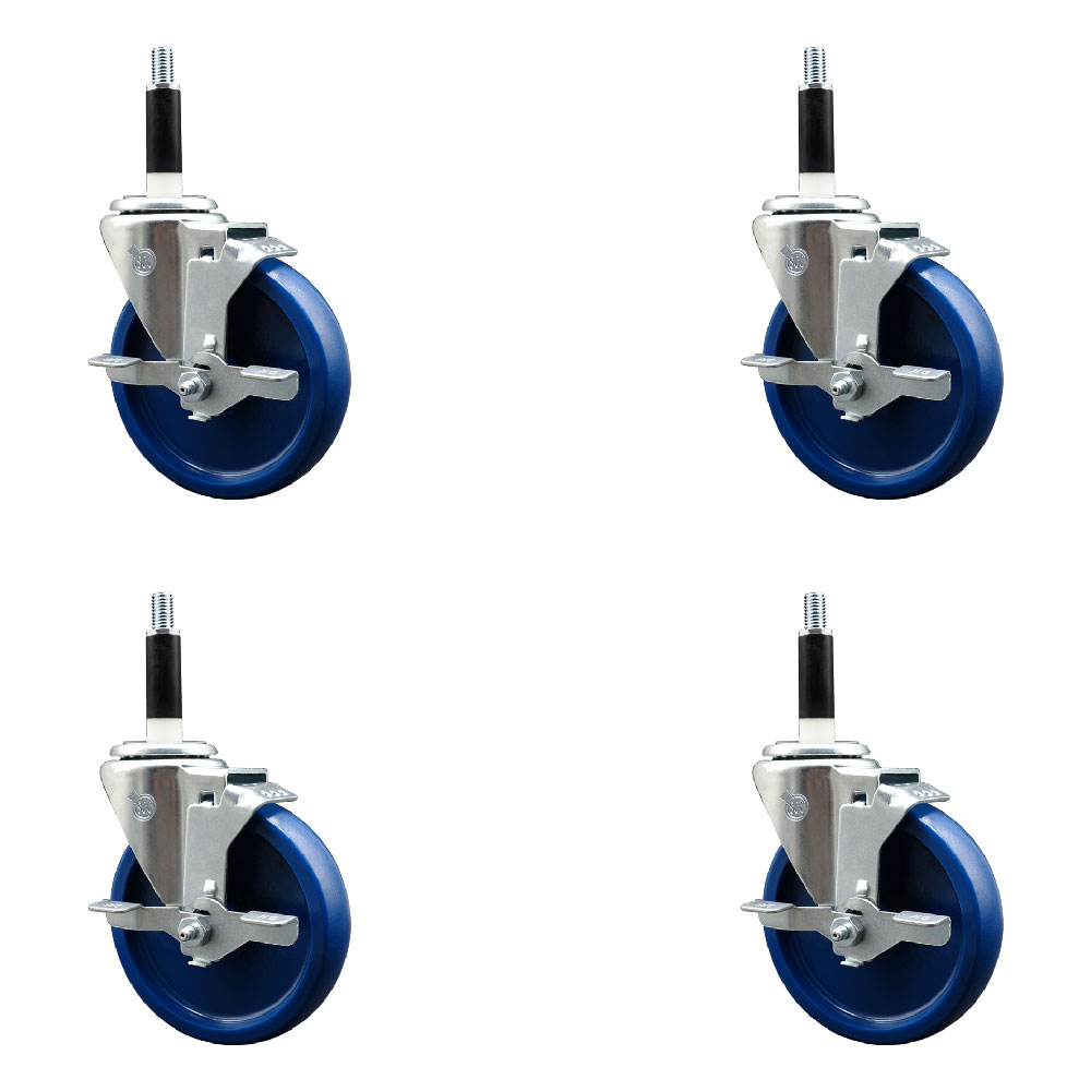 Solid Polyurethane Swivel Expanding Stem Caster Set of 4 with 5 Inch Blue Wheels and 7/8" Stems - Includes 4 Swivel with Top Locking Brakes - 300 lbs. Capacity Per Caster - Service Caster Brand — photo 1