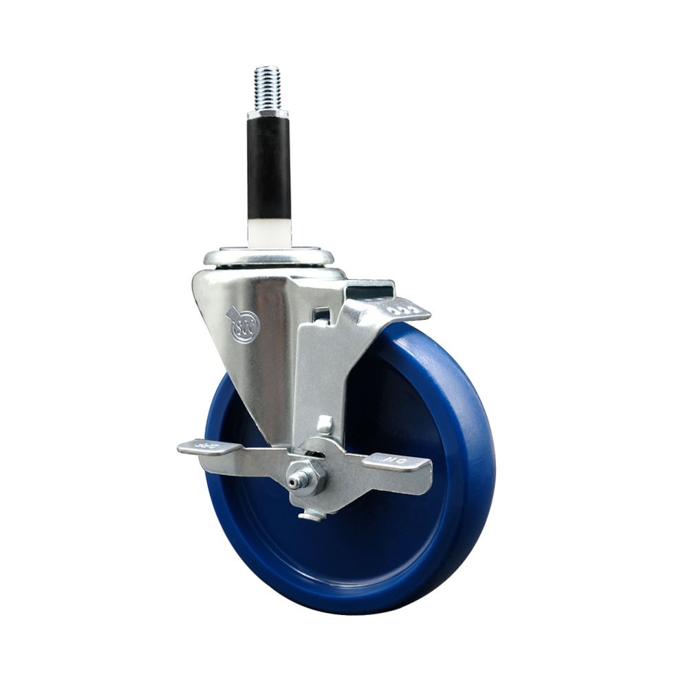 Solid Polyurethane Expanding Stem Swivel Caster with 5 Inch Blue Wheel and 7/8" Stem & Top Locking Brake - 300 lbs. Capacity Per Caster - Service Caster Brand — photo 1