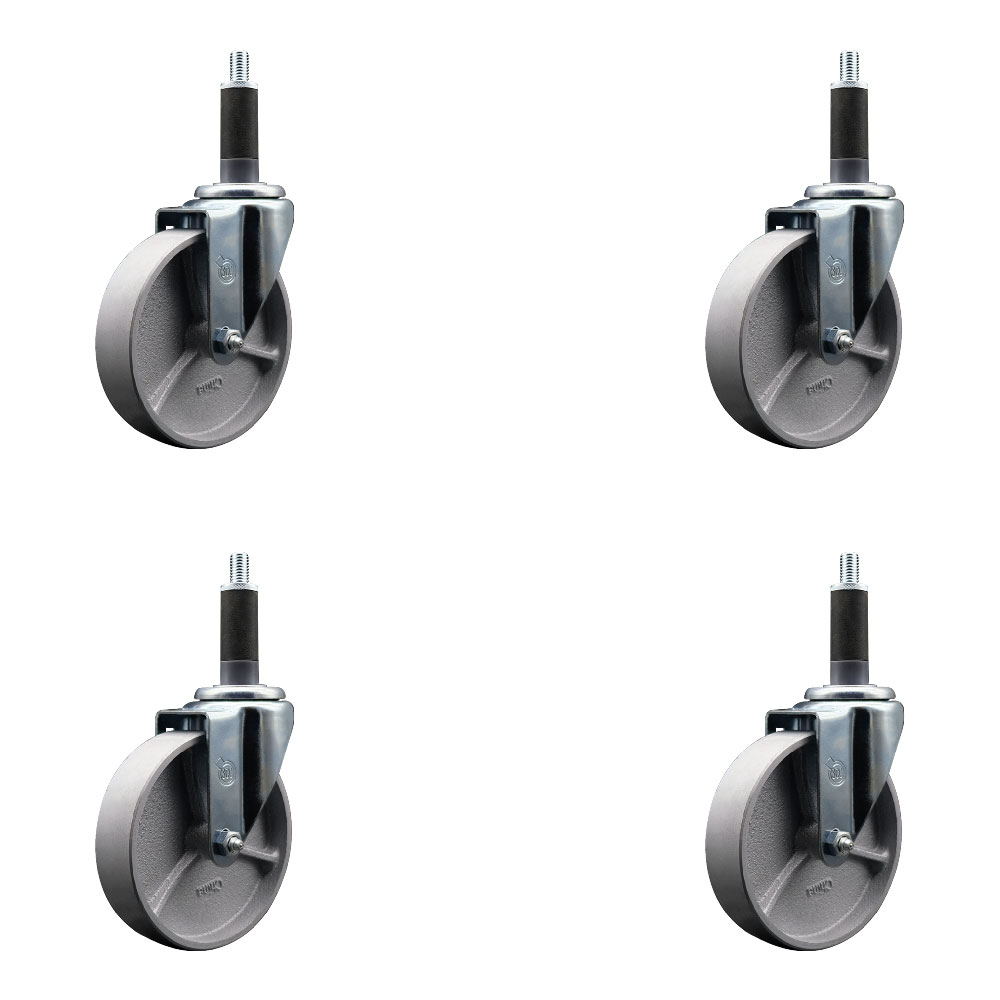 Semi Steel Cast Iron Swivel Expanding Stem Caster Set of 4 with Roller Bearings - 5" x 1.5" Silver Wheels and 1" Stems - Includes 4 Swivel - 1200 lbs Total Capacity - Service Caster Brand — photo 1