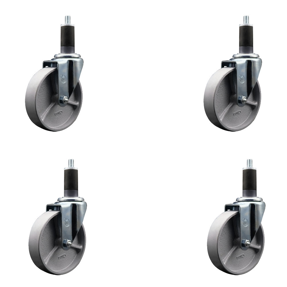 Semi Steel Cast Iron Swivel Expanding Stem Caster Set of 4 with Roller Bearings - 5" x 1.5" Silver Wheels and 1-1/4" Stems - Includes 4 Swivel - 1200 lbs Total Capacity - Service Caster Brand — photo 1